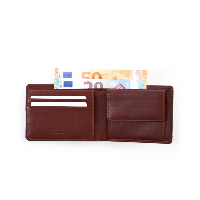 American leather wallet with coin pocket and cardholder in brown, open, with bill compartment detail, on a white backg - MONPIEL