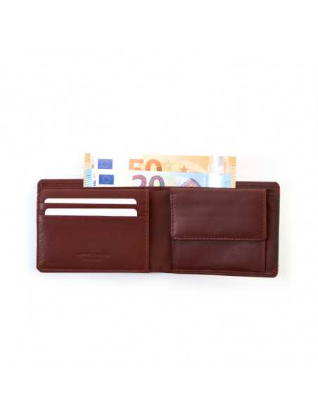 Brown leather American wallet with coin pocket and cardholder, open with bill detail on white background - MONPIEL