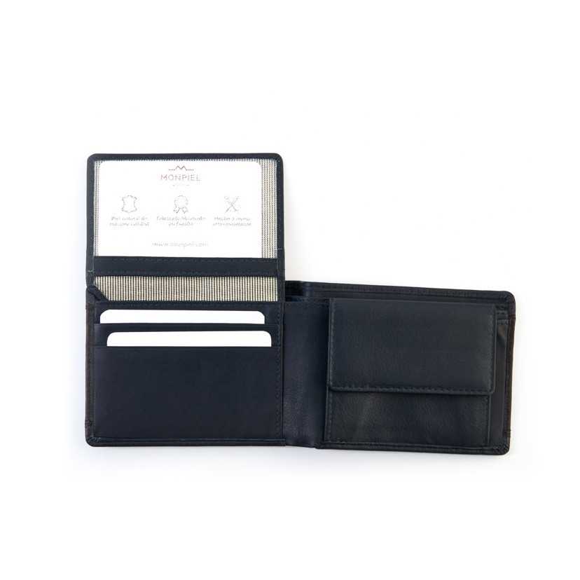 American leather wallet with coin pocket and cardholder in black, open cardholder detail, card slots, on a white backg - MONPIEL