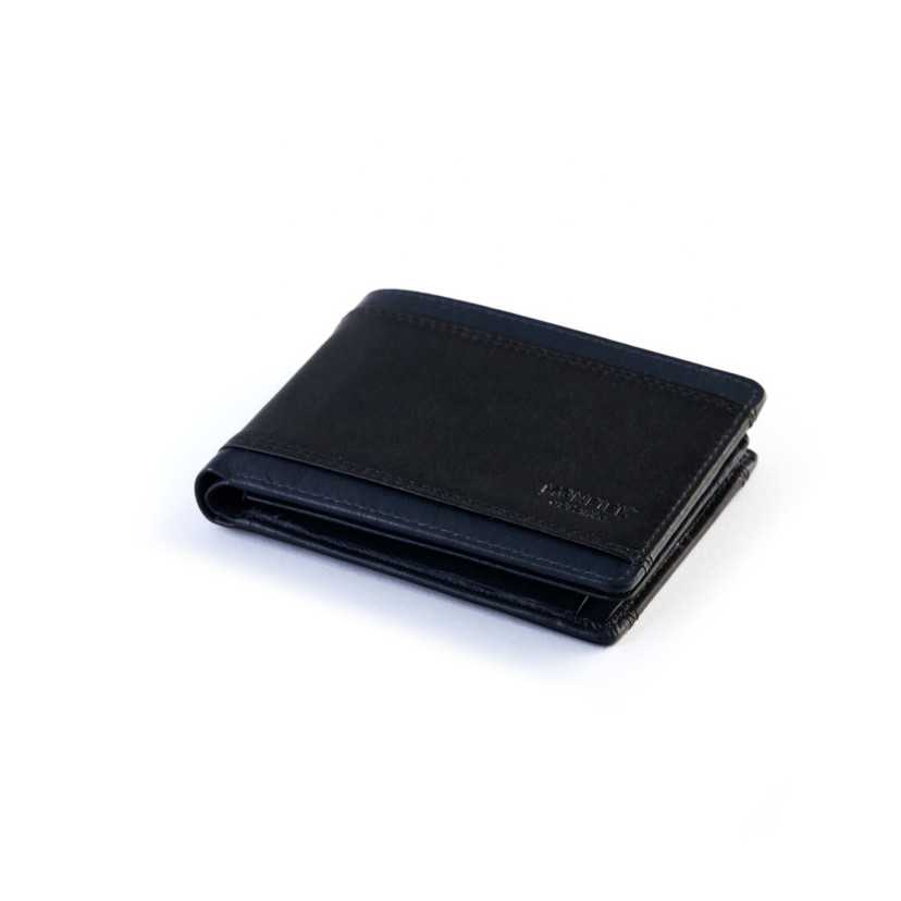 American leather wallet with coin pocket and cardholder in black, perspective view, on a white background - MONPIEL