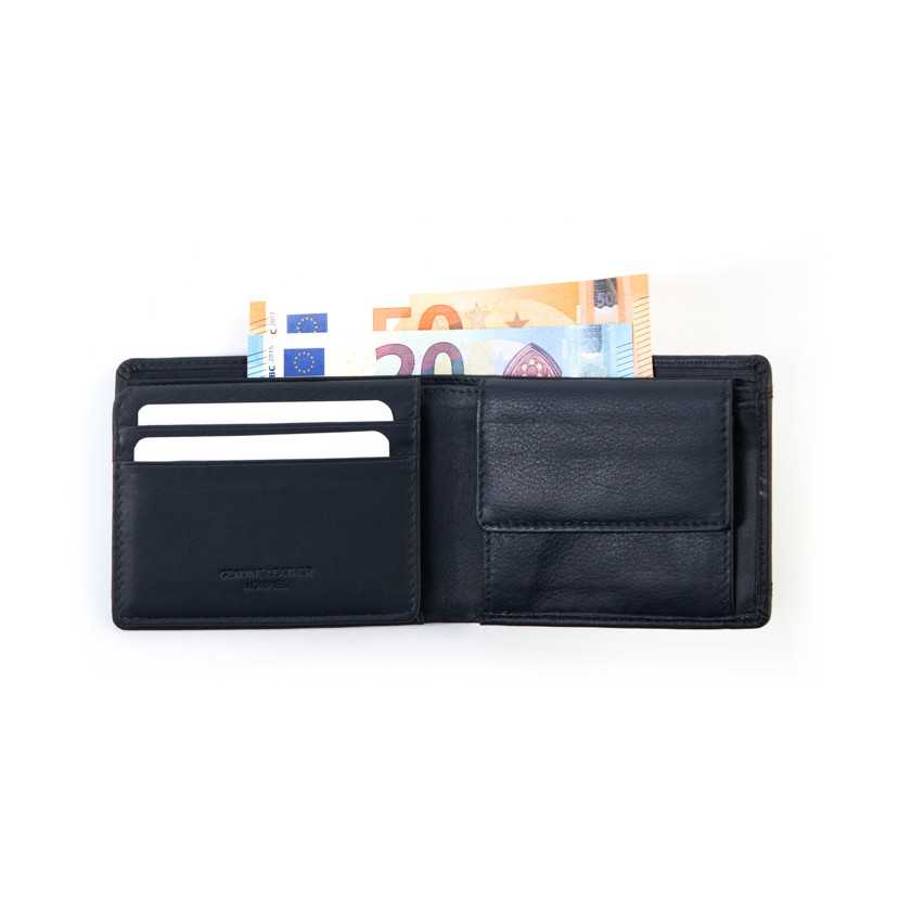 American leather wallet with coin purse and cardholder in black open on white background - MONPIEL