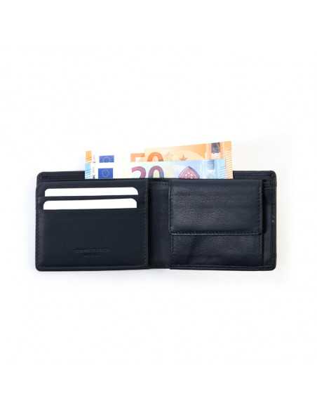 American leather wallet with coin purse and cardholder in black open on white background - MONPIEL American leather wallet with coin purse and cardholder in black open on white background - MONPIEL