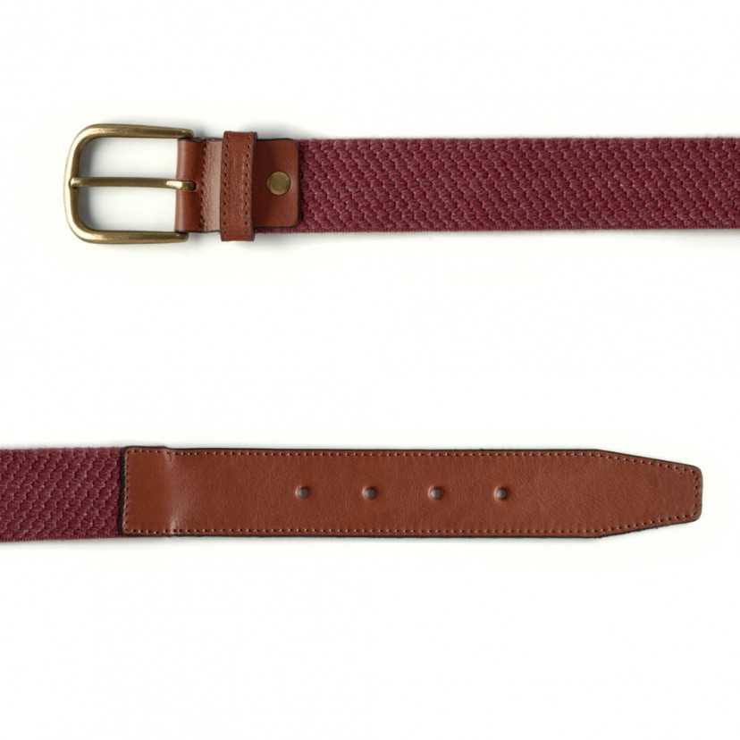 Men’s burgundy elastic leather belt, front view, on a white background - MONPIEL