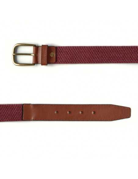 Cintura elastica da uomo con dettagli in pelle in color bordeaux, vista frontale su sfondo bianco - MONPIEL Cintura elastica da uomo con dettagli in pelle in color bordeaux, vista frontale su sfondo bianco - MONPIEL