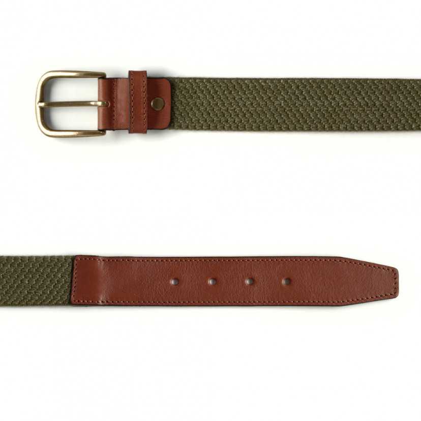 Men’s green elastic leather belt, front view, on a white background - MONPIEL