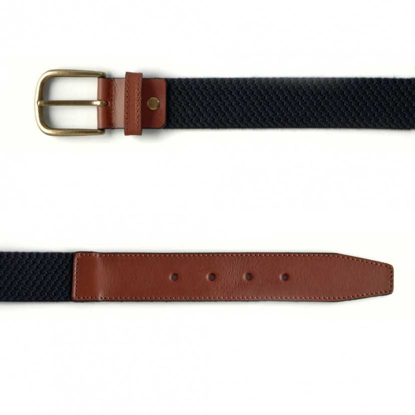 Men’s navy elastic leather belt, front view, on a white background - MONPIEL