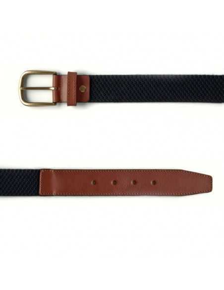 Men’s navy elastic leather belt, front view, on a white background - MONPIEL Men’s navy elastic leather belt, front view, on a white background - MONPIEL