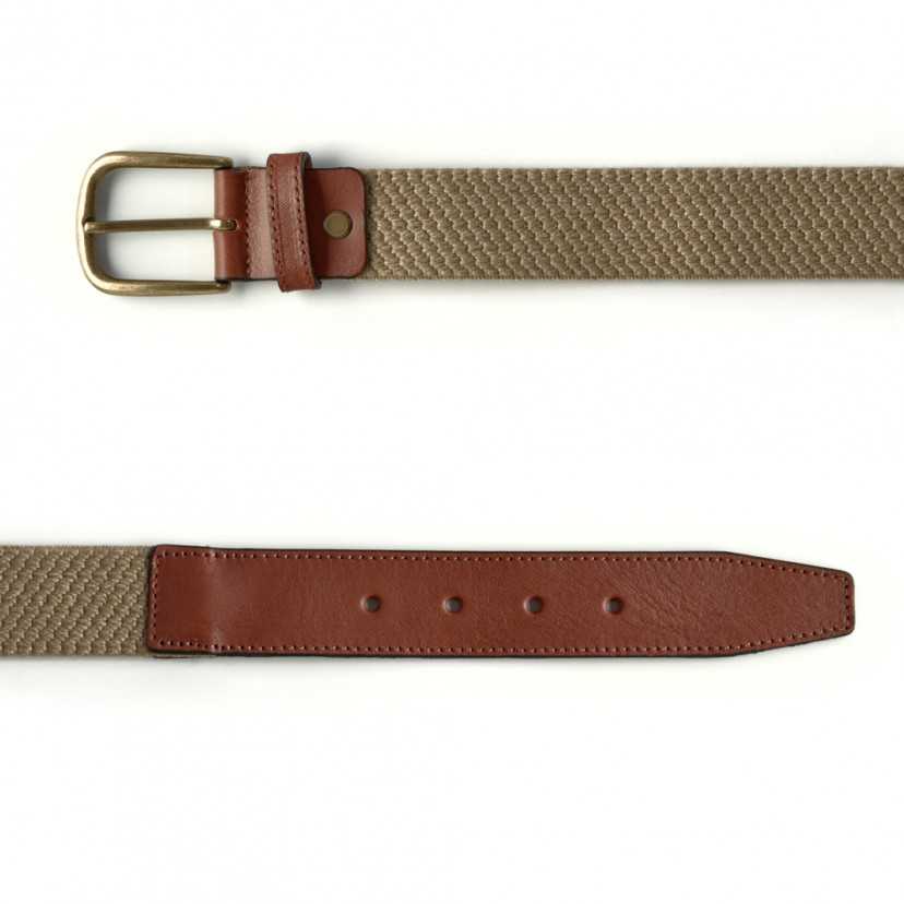 Men’s beige elastic leather belt, front view, on a white background - MONPIEL
