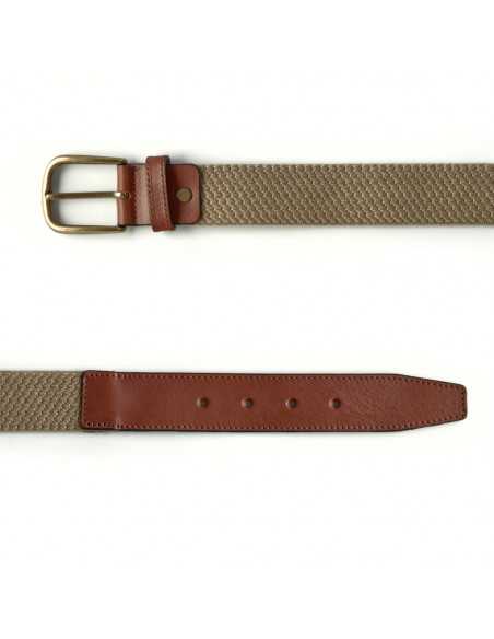 Men’s beige elastic belt with leather accents, front view on white background - MONPIEL