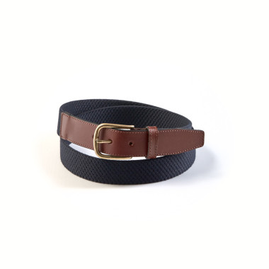 Men’s green elastic belt with leather accents, front view on white background - MONPIEL 2