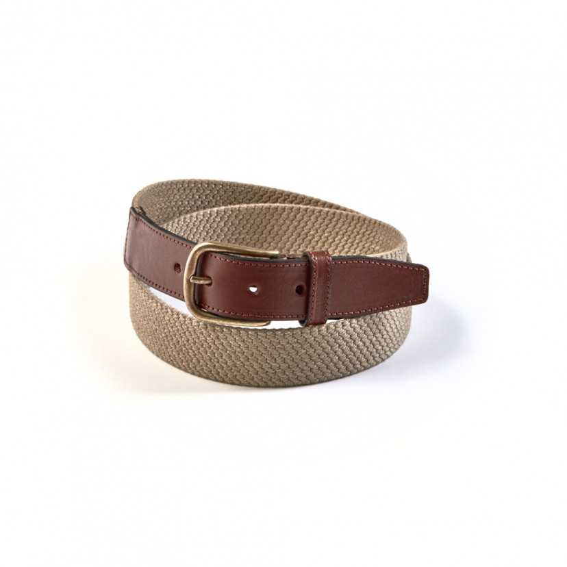 Men’s beige elastic leather belt, coiled, on a white background - MONPIEL