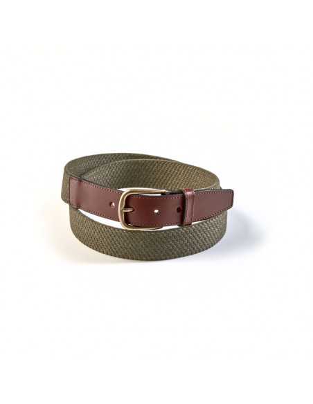 Ceinture élastique homme en cuir vert, enroulée sur fond blanc - MONPIEL