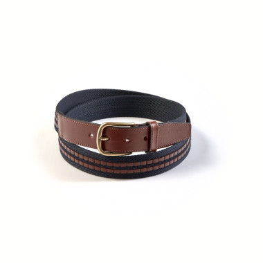 Ceinture homme en toile et cuir bleu marine, vue de face sur fond blanc - MONPIEL 2