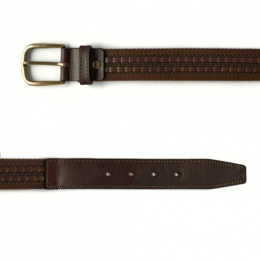 Men’s brown canvas and leather belt, front view, on a white background - MONPIEL