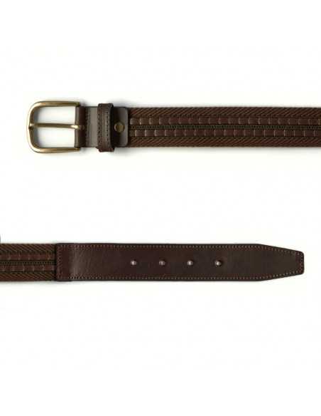 Cinturón lona y cuero de hombre de piel en color marrón con vista frontal sobre fondo blanco - MONPIEL Cinturón lona y cuero de hombre de piel en color marrón con vista frontal sobre fondo blanco - MONPIEL