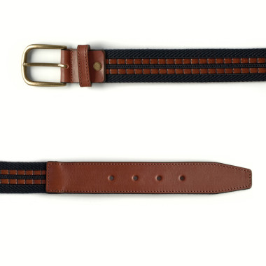 Ceinture homme en toile et cuir bleu marine, vue de face sur fond blanc - MONPIEL 2