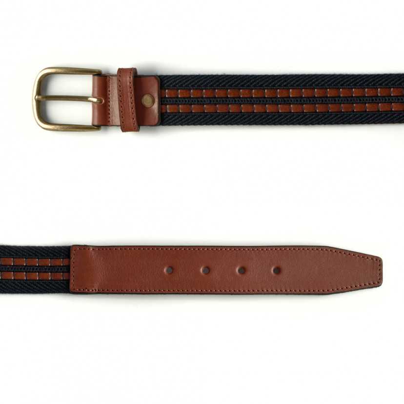 Men’s navy canvas and leather belt, front view, on a white background - MONPIEL
