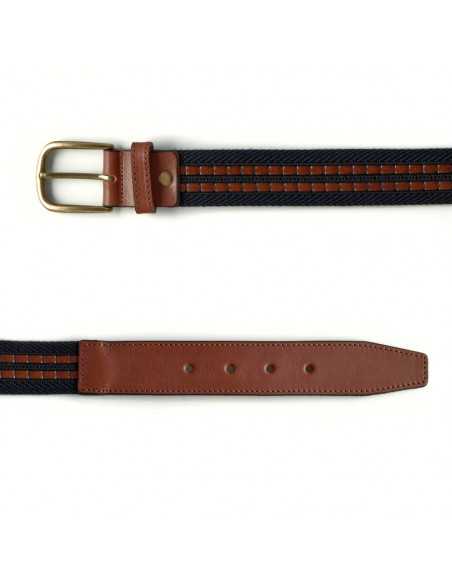 Ceinture homme en toile et cuir bleu marine, vue de face sur fond blanc - MONPIEL