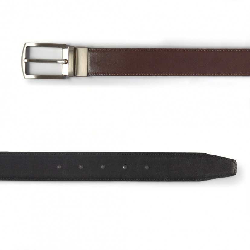 Front view of black-brown leather belt with metal buckle - MONPIEL