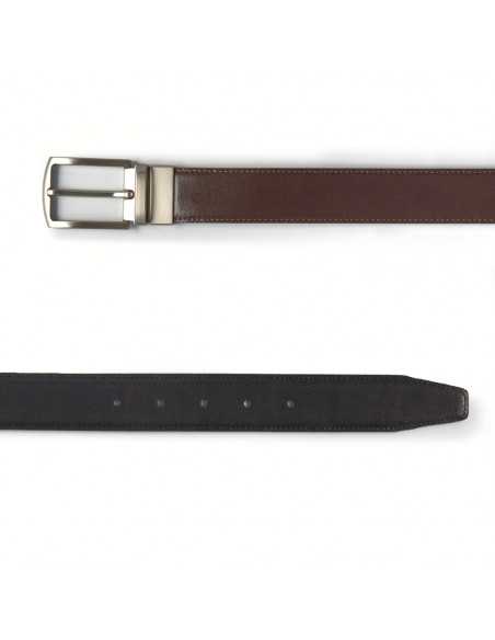 Front view of a black and brown leather belt with a metal buckle - MONPIEL