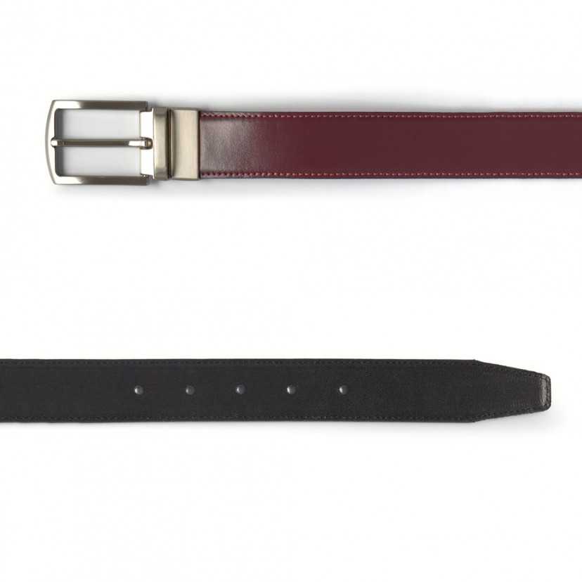 Detail of black-burgundy leather belt with rectangular metal buckle - MONPIEL