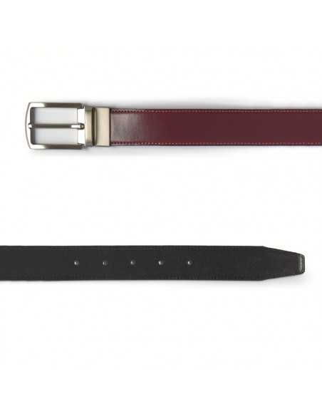 Détail de ceinture en cuir noir-bordeaux avec boucle rectangulaire en métal - MONPIEL