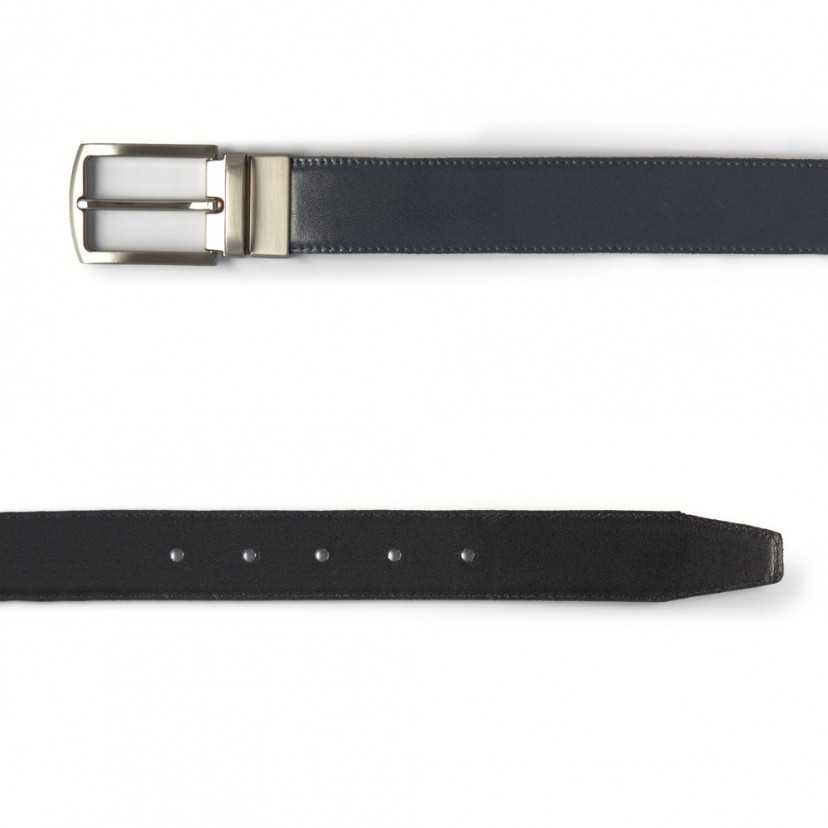 Black-navy leather belt with rectangular metal buckle, on a white background - MONPIEL