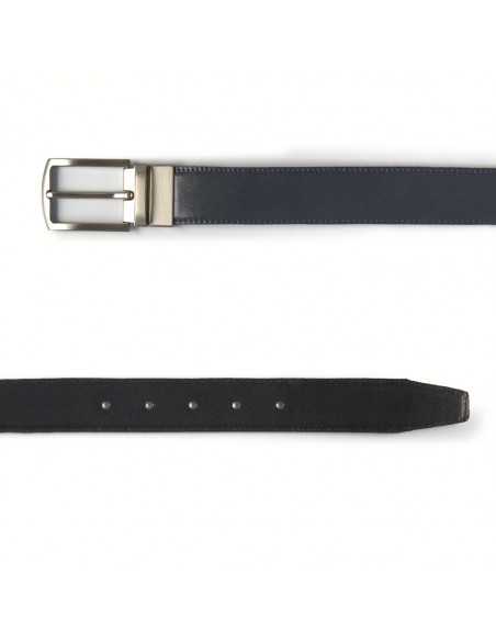 Black and navy leather belt with rectangular metal buckle on white background - MONPIEL