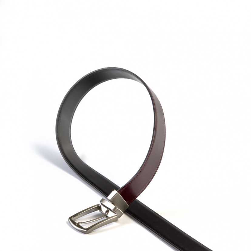 Side view of black-burgundy leather belt with metal buckle, on a white background - MONPIEL
