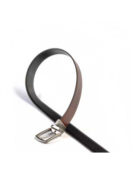 Black-leather belt with rectangular metal buckle, on a white background - MONPIEL