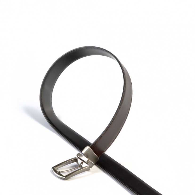 Black-brown leather belt with classic metal buckle, on a white background - MONPIEL