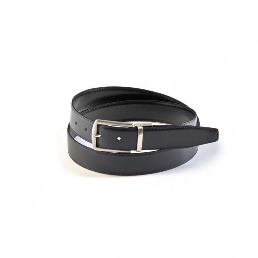 Front view of black-navy leather belt with metal buckle, coiled, on a white background - MONPIEL