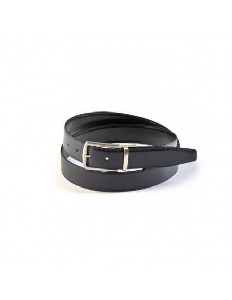 Front view of black and navy leather belt with metal buckle, coiled on white background - MONPIEL