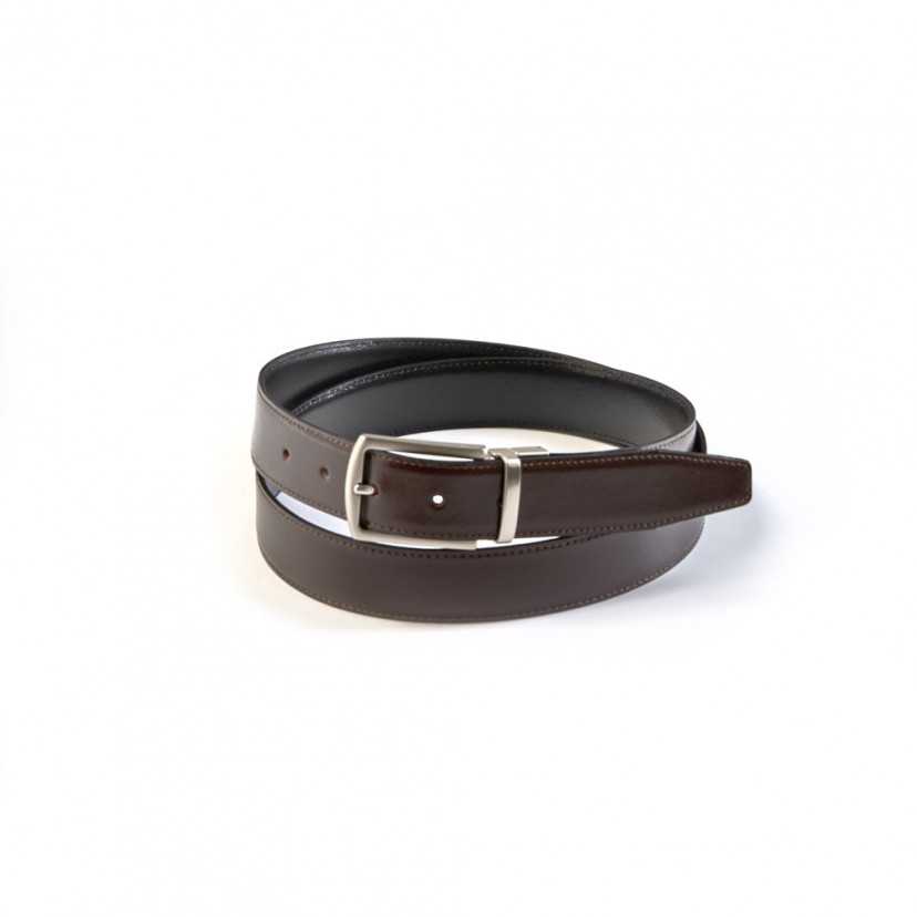 Black-navy leather belt with rectangular metal buckle, coiled, on a white background - MONPIEL