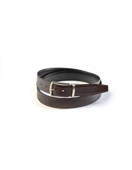Black-navy leather belt with rectangular metal buckle, coiled, on a white background - MONPIEL