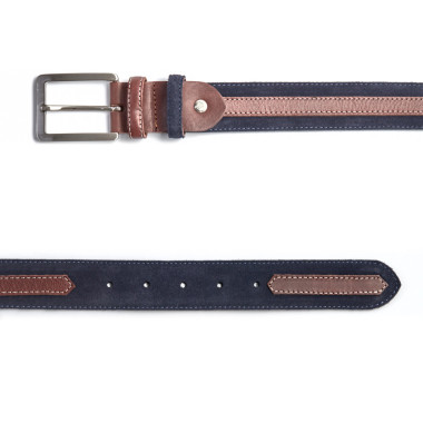 Cintura in pelle blu navy arrotolata con fibbia rettangolare in metallo, dettaglio in pelle marrone - MONPIEL 2