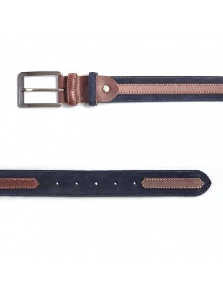 Navy blue leather belt, coiled with a rectangular metal buckle, brown leather detail - MONPIEL