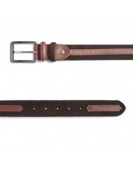 Brown leather belt with a metal buckle, front view on white background - MONPIEL