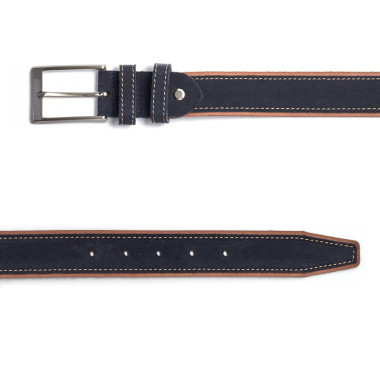 Side view of navy leather belt with metal buckle and brown side detail - MONPIEL 2