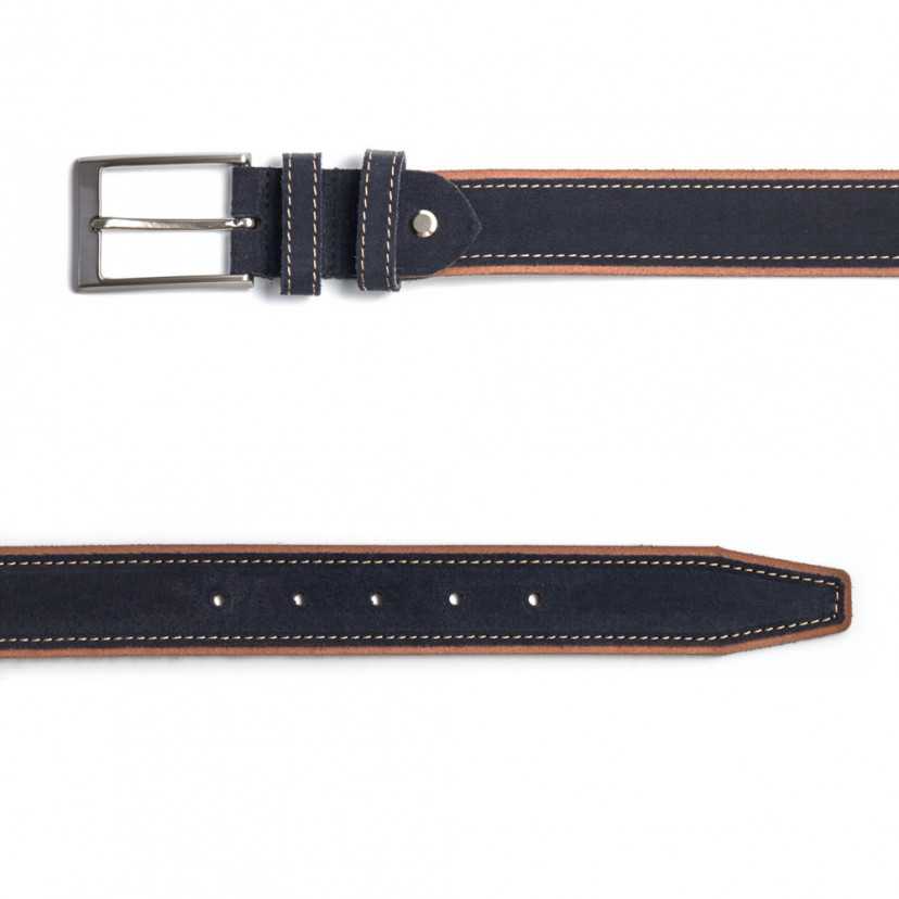 Side view of navy leather belt with metal buckle and brown side detail - MONPIEL