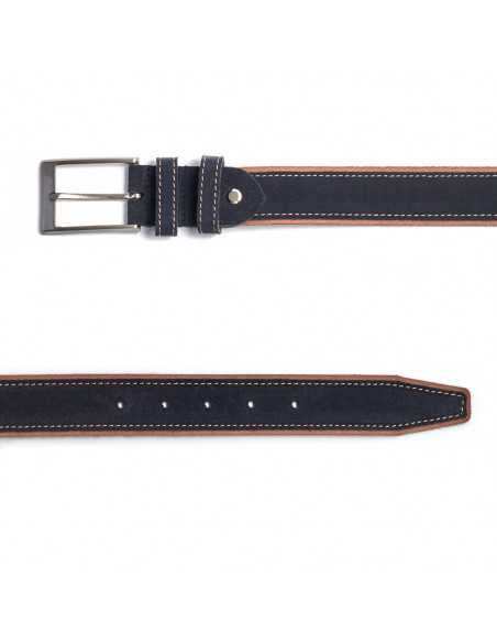 Vista laterale di cintura in pelle blu navy con fibbia in metallo e dettaglio marrone sul lato - MONPIEL