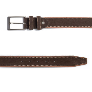 Vue latérale d’une ceinture en cuir bleu marine avec boucle en métal et détail marron sur le côté - MONPIEL 2