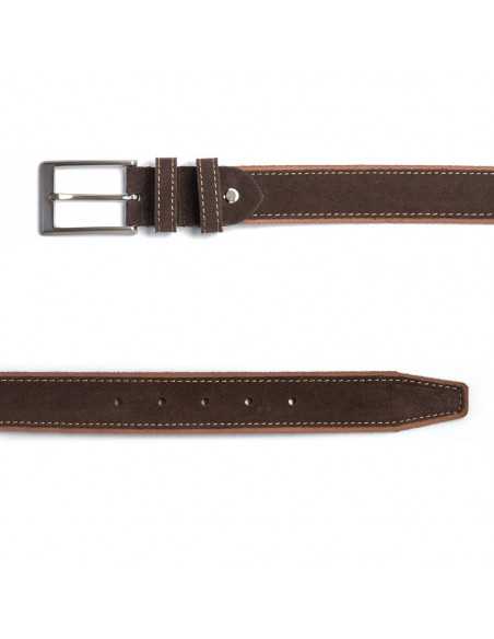 Vue arrière de la ceinture en cuir marron avec coutures ton sur ton et boucle en métal - MONPIEL