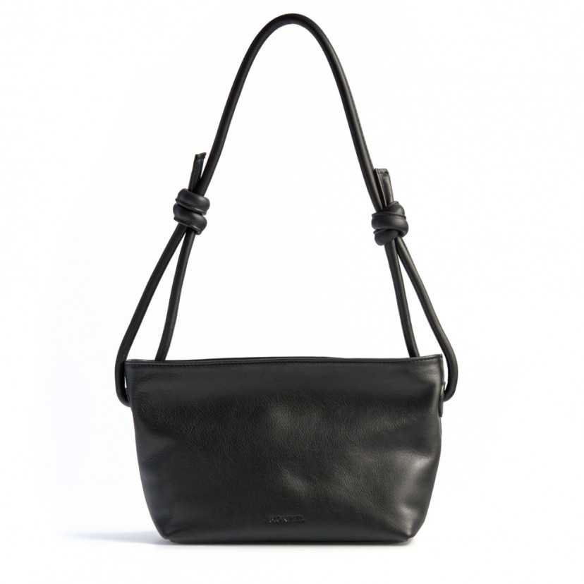 Bolsa pequena de couro preta com nós, vista frontal sobre fundo branco - MONPIEL