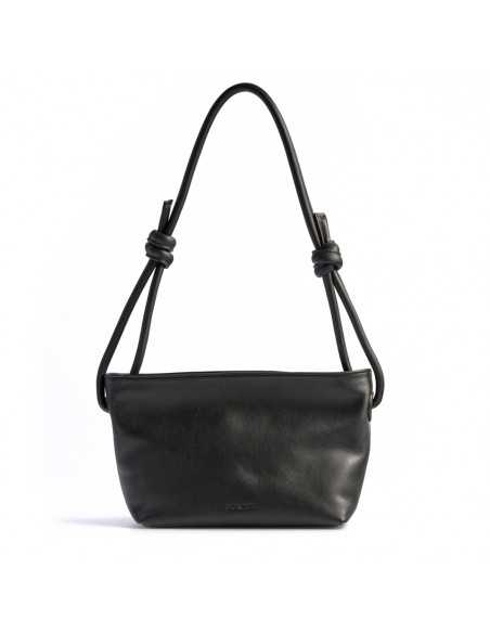 Small black leather knotted bag, front view on white background - MONPIEL Small black leather knotted bag, front view on white background - MONPIEL