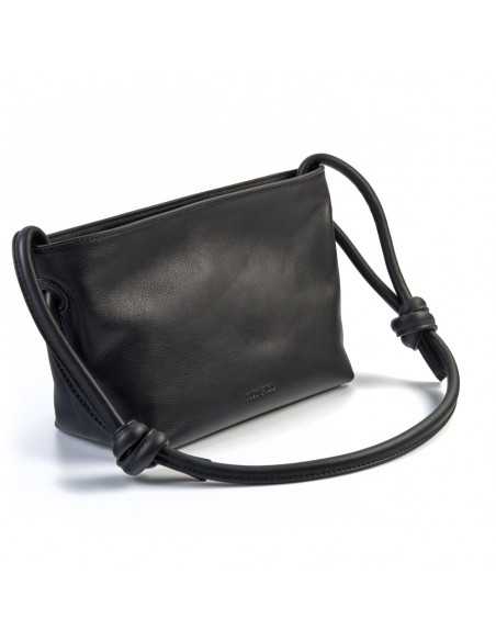 Small black leather knotted bag, perspective view on white background - MONPIEL Small black leather knotted bag, perspective view on white background - MONPIEL