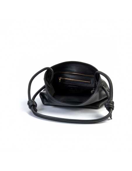 Small black leather knotted bag, open showing interior detail on white background - MONPIEL Small black leather knotted bag, open showing interior detail on white background - MONPIEL