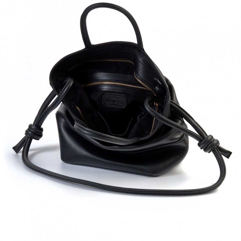 Large black leather knotted bag, open zipper detail and interior, on a white background - MONPIEL