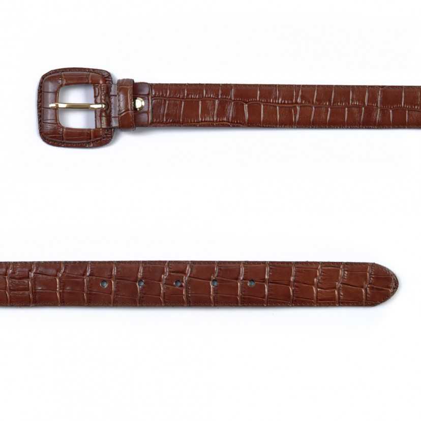 Women’s brown belt with crocodile-patterned covered buckle, front view, on a white background - MONPIEL