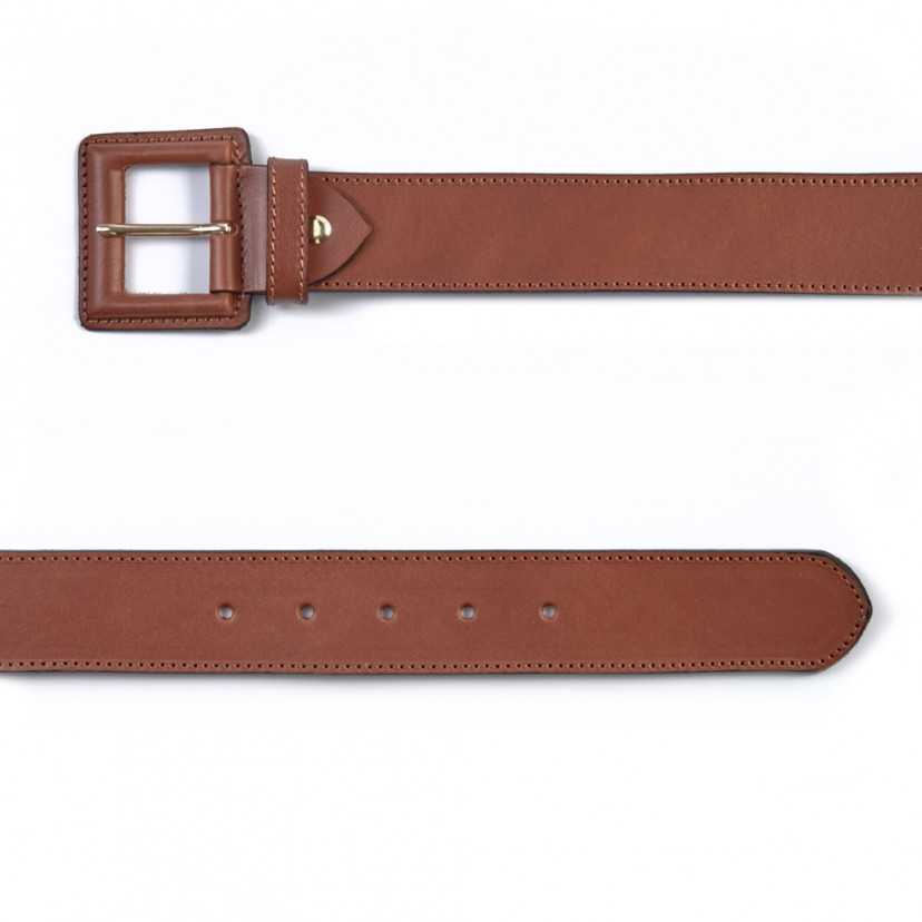 Women’s wide leather belt with a covered buckle, front view, in tan, on a white background - MONPIEL